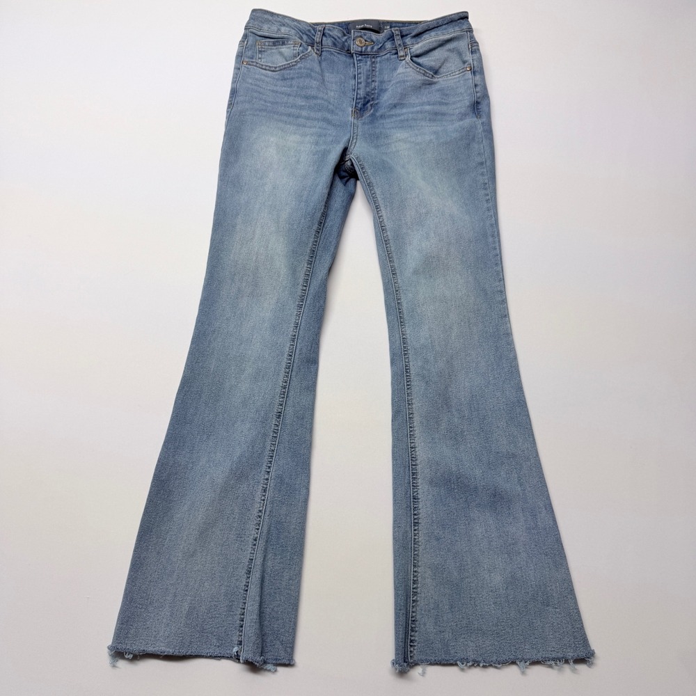 Indigo Rising Light Wash High Rise Frayed Raw Hem Flare Jeans 7/28